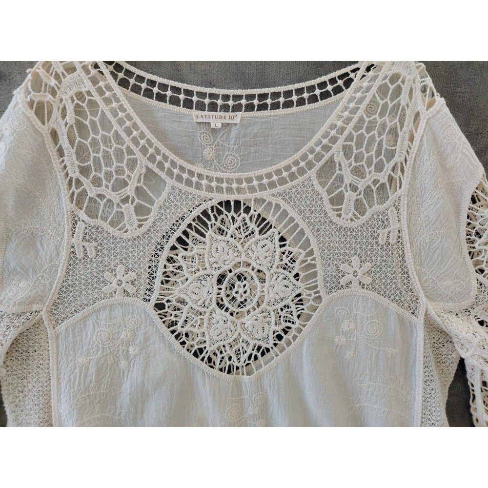 Latitude 10 Crochet Boho Cotton Tunic Women's Large Coverup Delicate Appliques - Picture 2 of 10